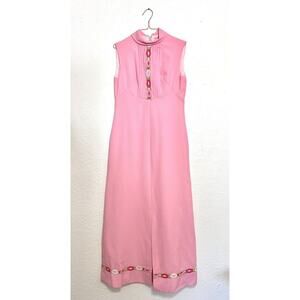 Vintage Pink Mod 1970s Maxi Dress With Flowers